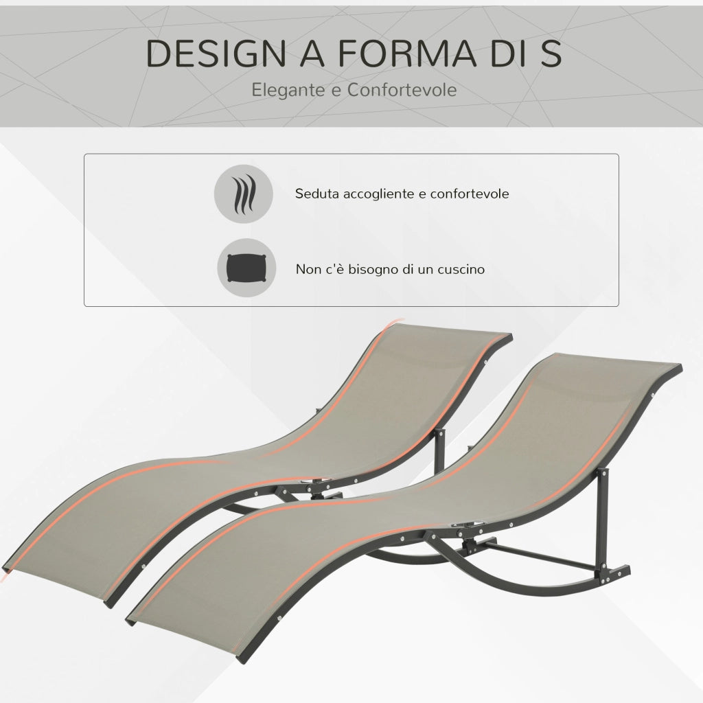Set 2 Lettini Prendisole Pieghevoli 61x165x63 cm in Alluminio e Textilene Nera e Cachi