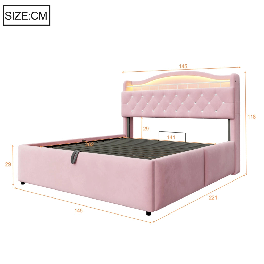 Letto imbottito matrimoniale 140 × 200 cm con contenitore idraulico, USB, USB-C et LED, senza materasso, rosa