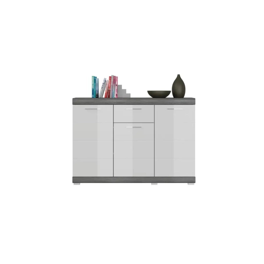 Buffet SCOTT – 3 porte e 1 cassetto – Grigio scuro e bianco – 120x85x37 cm