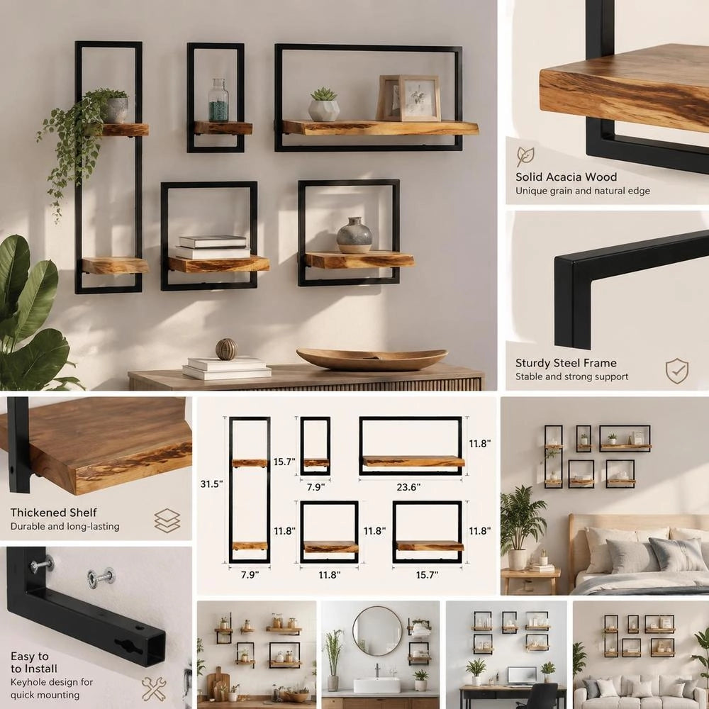 5-piece Wall Shelf Set, Solid Acacia Wood And Steel