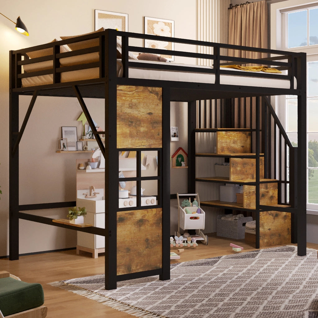 Letto a soppalco 140x200 cm con scala contenitore; finestra; spazio libero sottostante e parapetto; metallo nero