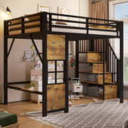 Letto a soppalco 140x200 cm con scala contenitore; finestra; spazio libero sottostante e parapetto; metallo nero