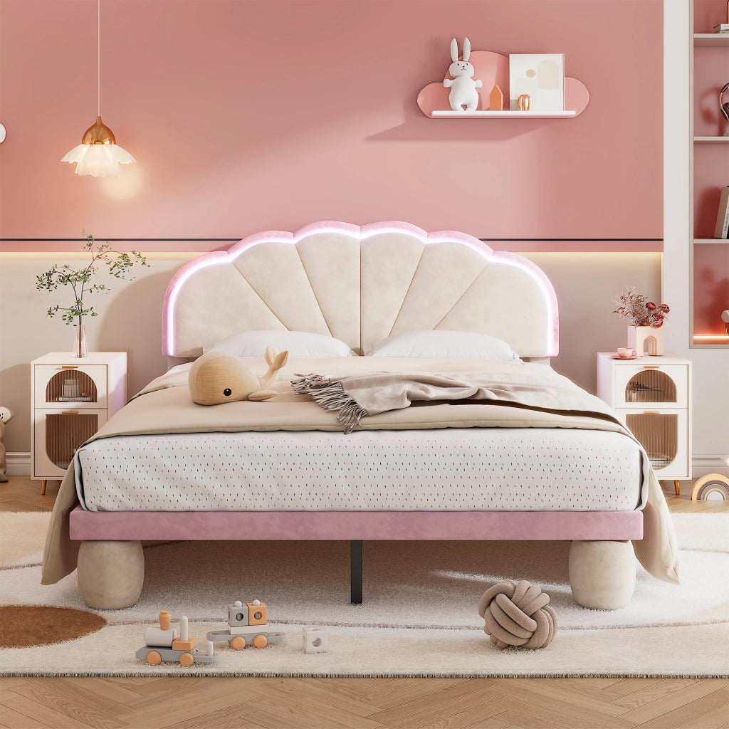 OKWISH Letto Imbottito 140×200 cm, Letto Matrimoniale con Striscia Luminosa Multicolore e Testiera Ondulata, senza Materasso, in Velluto, Beige