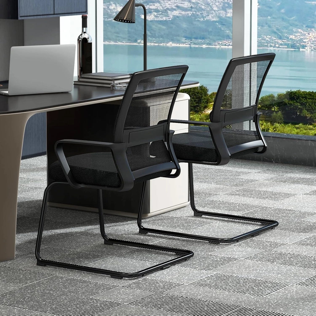 Sedia Ufficio Ergonomica con Supporto Lombare,Schienale Rete Mesh Traspirante + Braccioli Regolabili,Struttura a Slitta, Per Sale Riunioni, Reception e Attesa, Design Moderno in Nero