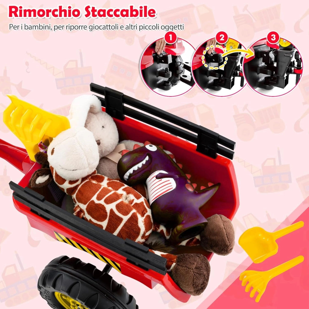 3 in 1 Escavatore per Bambini, Trattore con Rimorchio Staccabile Cavalcabile per Bambini, con 6 Ruote e 2 Benne, per 3-6 Anni (Rosso)