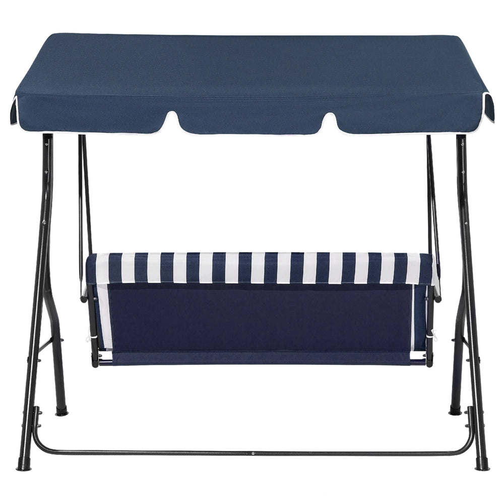 Altalena da giardino per patio con struttura in acciaio a rete a righe blu a 3 posti con baldacchino