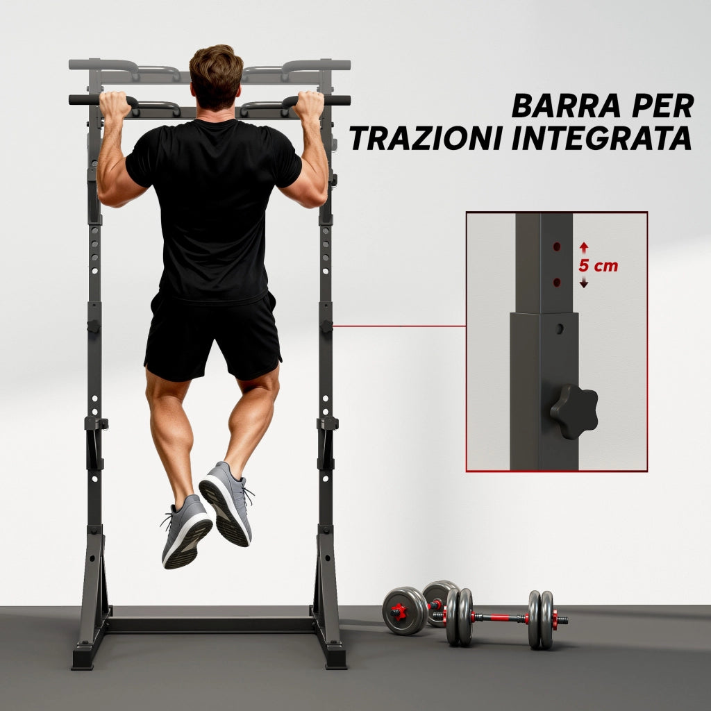 Stazione Multifunzione Squat Rack e Bilanciere 112x100x217 cm con Altezza Regolabile in Acciaio Nero