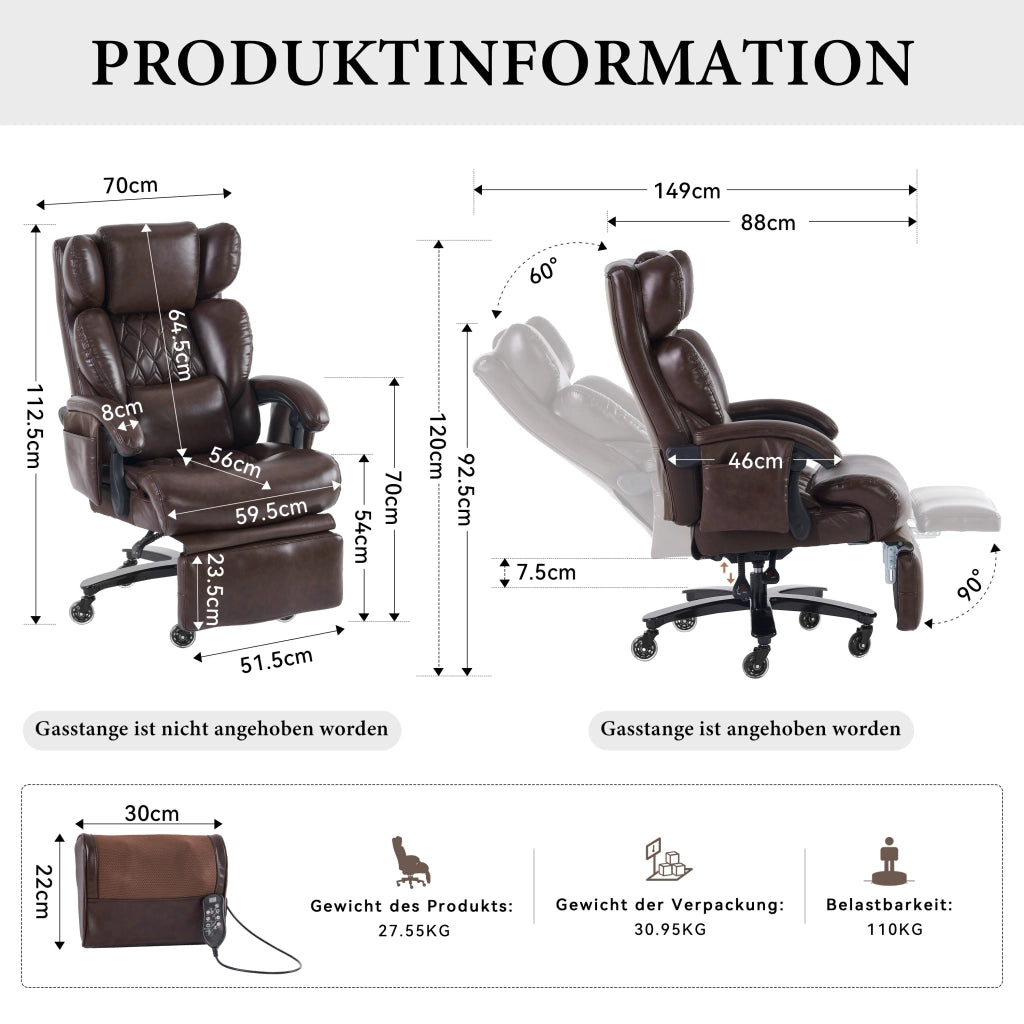 Sedia da Ufficio Ergonomica con Massaggio e Riscaldamento ¨C Xylo ¨C Ecopelle, Poggiapiedi, Marrone