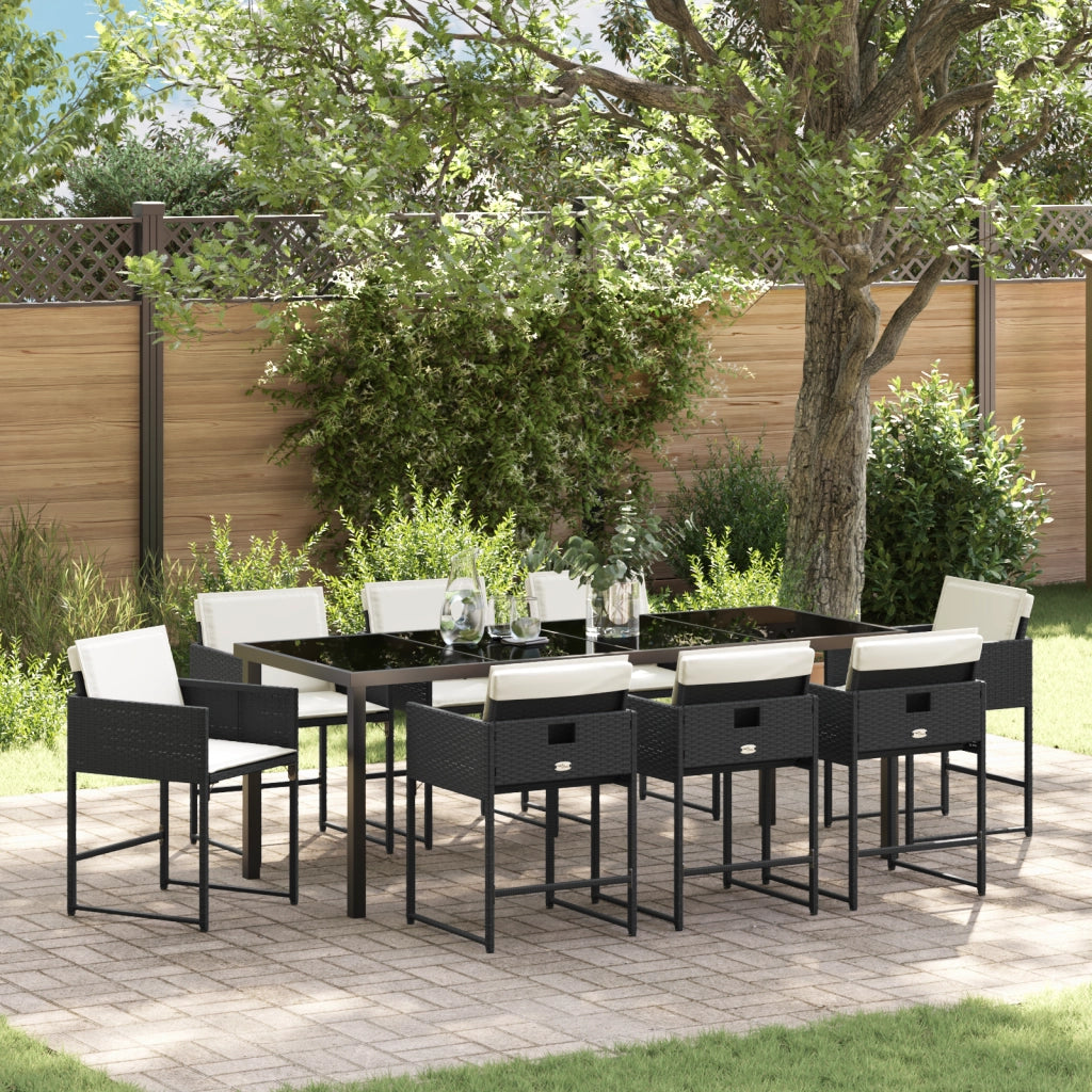Set da Pranzo in 9 Pezzi con Cuscini - Rattan Polietilenico Nero