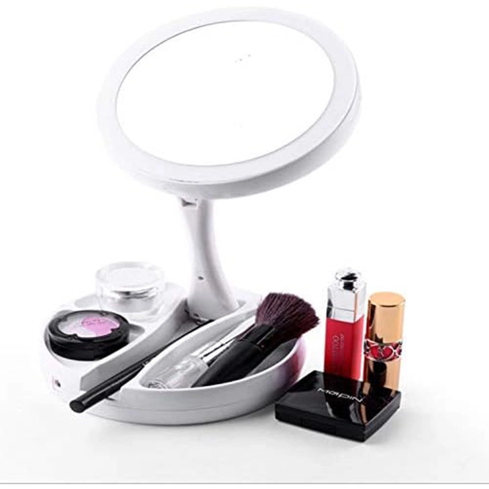 Trade Shop - Specchio Trucco Luce Led Da Tavolo Bifacciale 10x/1x 360° Contenitore Portatile Pieghevole -