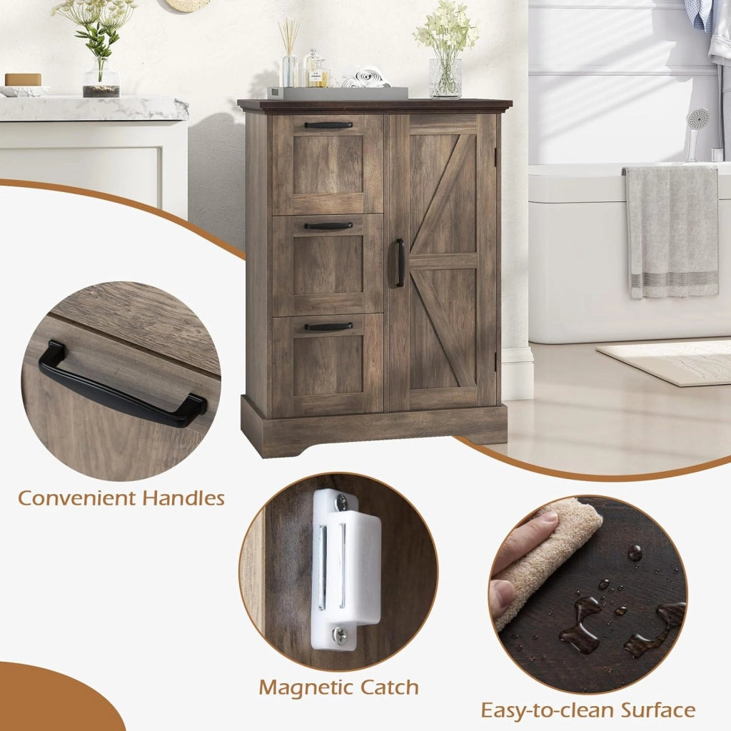 Mobiletto da Pavimento in Legno, Organizzatore per Conservazione Rustico con Porta da Fienile e 3 Cassetti, Buffet Laterale Autonomo per Cucina, Soggiorno, Sala da Pranzo (Grigio)