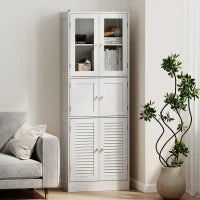 Mobile Bagno con 3 Armadietti a 2 Ante in Vetro e Legno, Ripiani Regolabili, 60x30x170 cm, Bianco