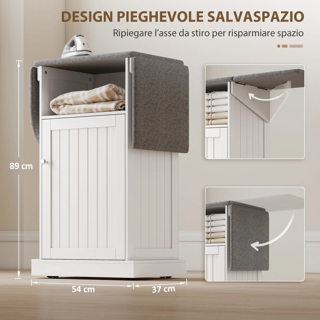 Mobile Asse da Stiro Pieghevole con Armadietto e Rotelle ¨C Zephmum ¨C Bianco Grigio 121x37x89
