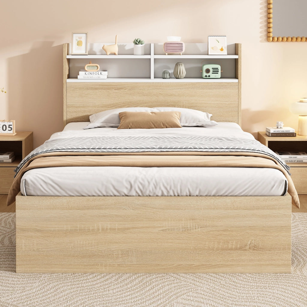 OKWISH Letto Singolo 90×200 cm con 2 Cassetti, Contenitore e Mensole, senza Materasso, in Legno, Bianco e Rovere