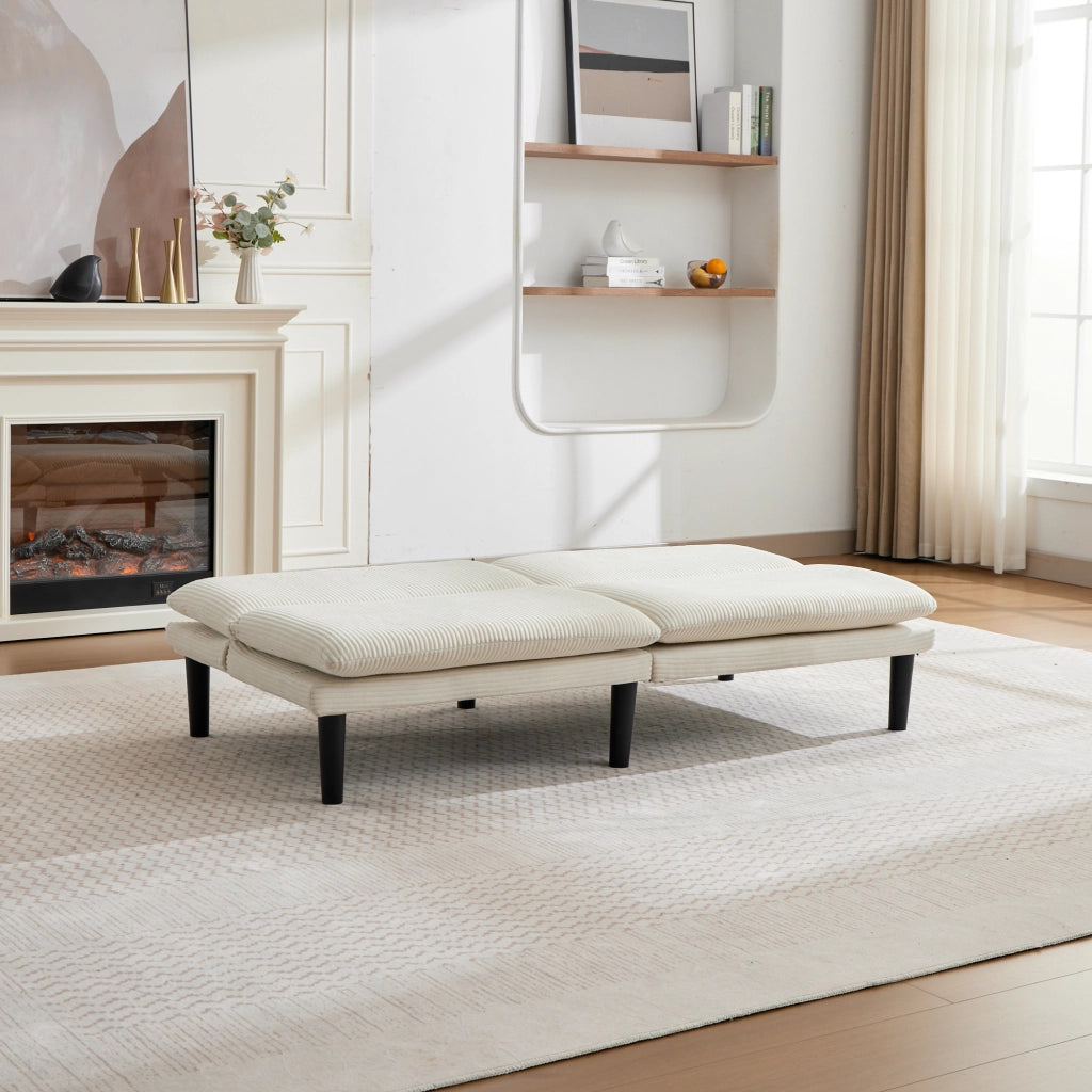 Divano convertibile 2 posti con schienale reclinabile, piedini tondi, velluto a coste, beige