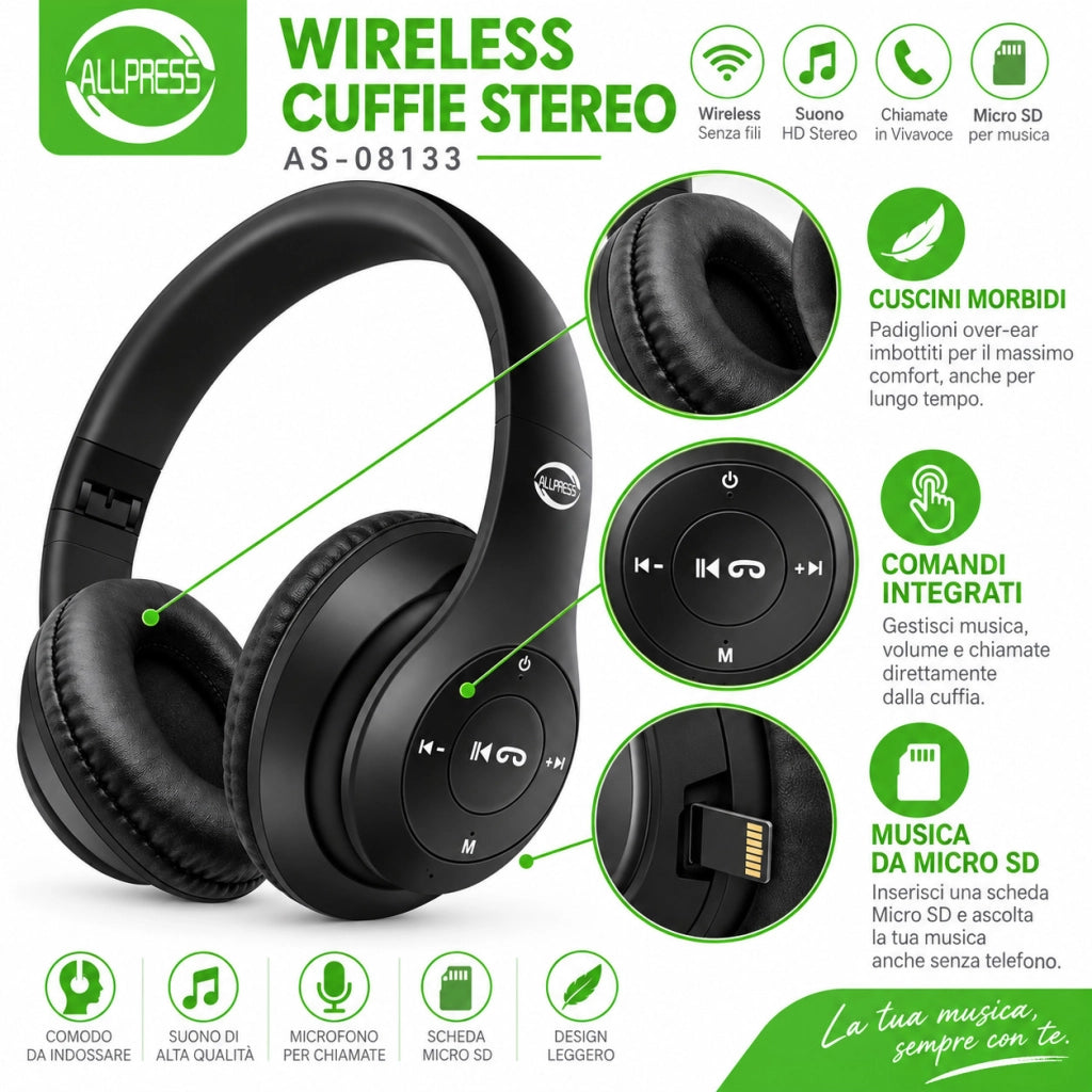 CUFFIE WIRELESS ALLPRESS STEREO MICRO SD MUSICA CHIAMATE OVER EAR AS-08133