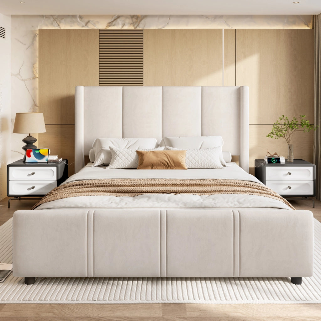 DESMIU Letto adulto 140 × 200 cm 2 posti con USB e testiera alta, senza materasso, in velluto, beige