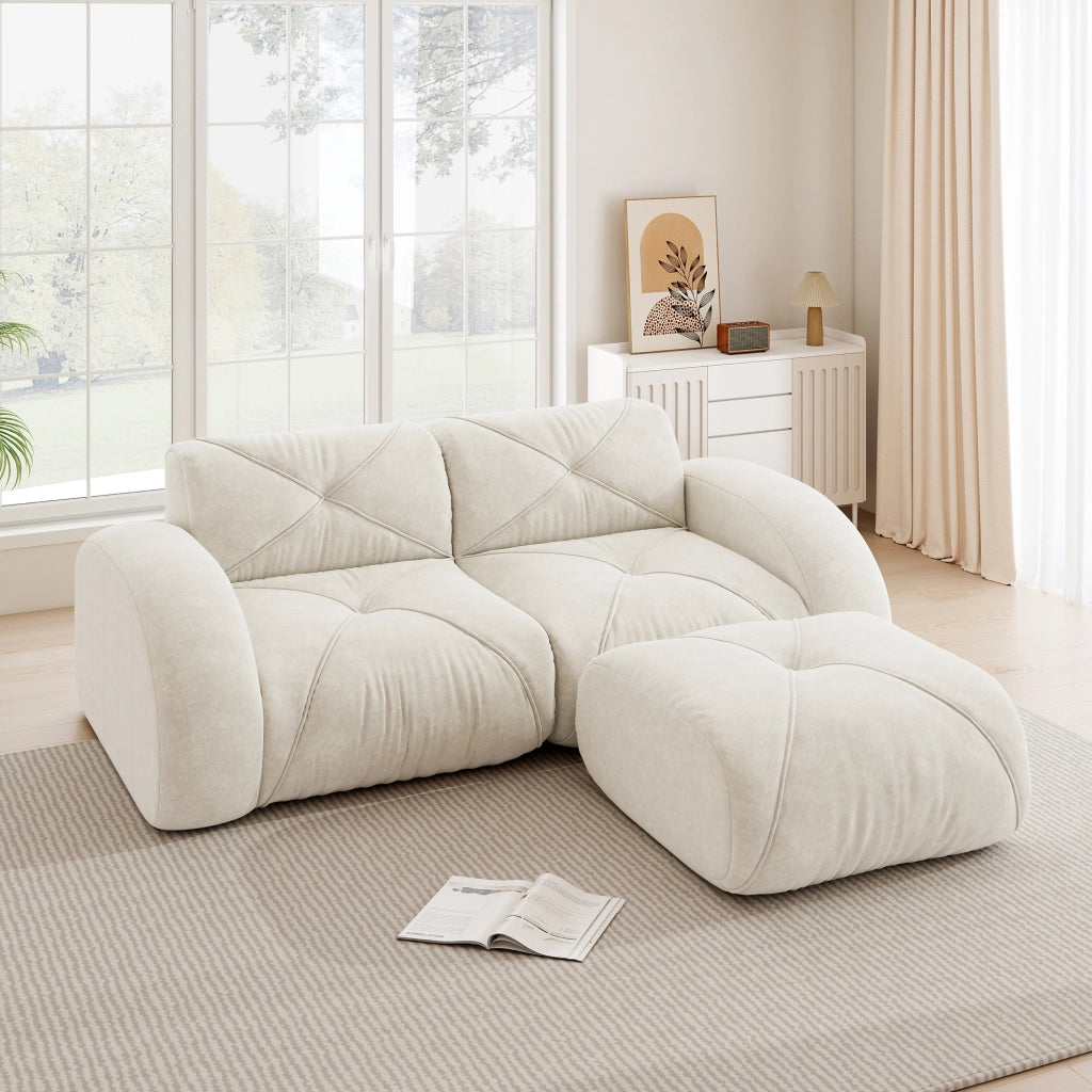Divano modulare 2 posti con pouf in schiuma 32D ad alta densità senza struttura ciniglia beige chiaro 204 × 171 × 76 cm