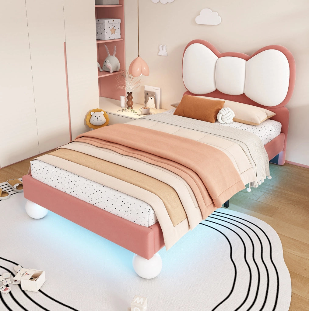 Letto imbottito per bambini con testiera a fiocco e luce LED, 90x200 cm