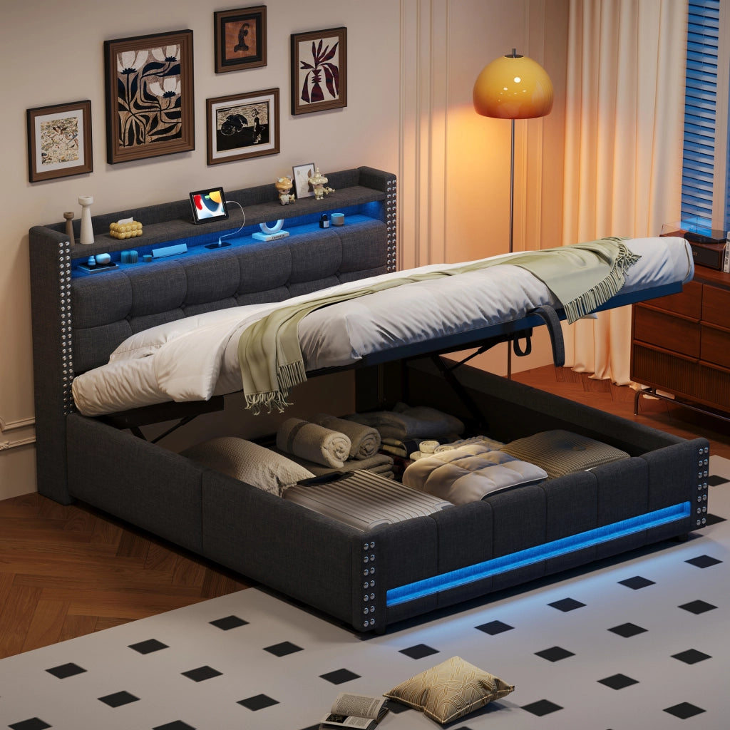 Letto Matrimoniale 160x200 cm; Letto Contenitore con USB; LED e Mensole in Tessuto Grigio