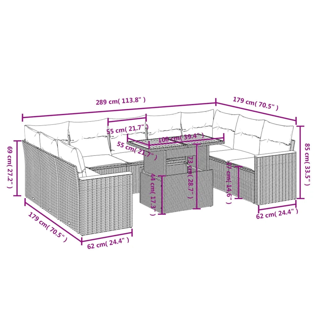 Set Divani da Giardino 10pz con Cuscini in Polyrattan Nerocod mxl 88739