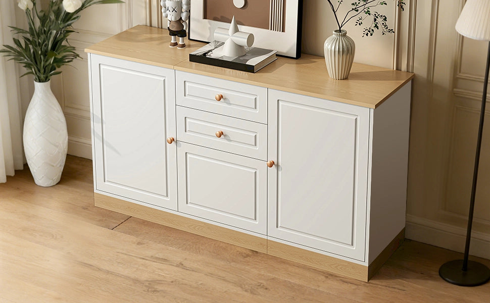 Credenza con due ante e due cassetti in pannello truciolare bianca e effetto legno 135,5 × 39 × 76 cm