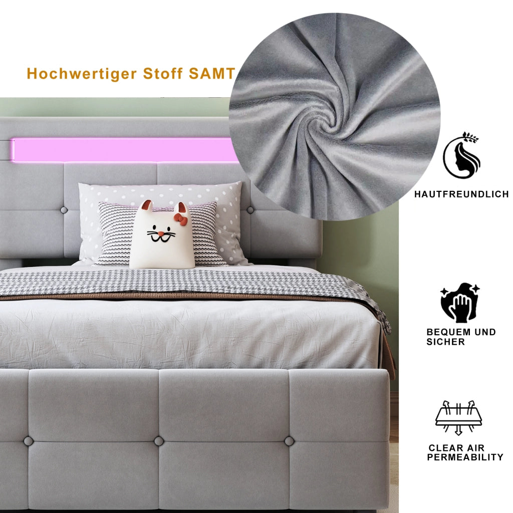 OKWISH Letto contenitore per bambini 90×200 cm, Letto Singolo con LED, Contenitore idraulico e Testiera Regolabile, senza Materasso, Grigio