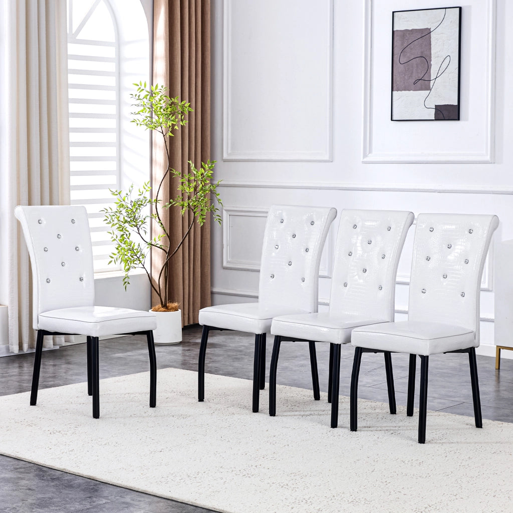 Sedia da pranzo Set da 2 con Bottoni Cristallo e Piedini Regolabili in Metallo e PVC Nero e Bianco
