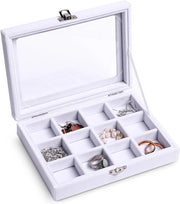 Organizzatore di gioielli premium con inserto in pelle e coperchio trasparente - Box per gioielli da donna - Bianco - 12 contenitori - Vetrina per gioielli - Opzione di regalo lussuosa.