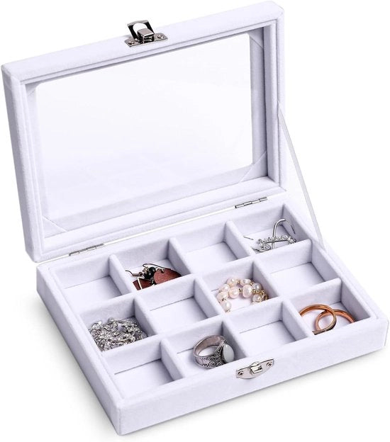 Organizzatore di gioielli premium con inserto in pelle e coperchio trasparente - Box per gioielli da donna - Bianco - 12 contenitori - Vetrina per gioielli - Opzione di regalo lussuosa.