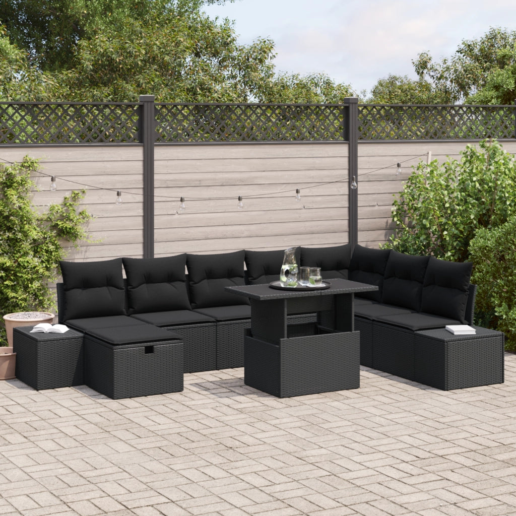 Set Divano da Giardino 9 Pezzi con Cuscini Nero Polyrattan