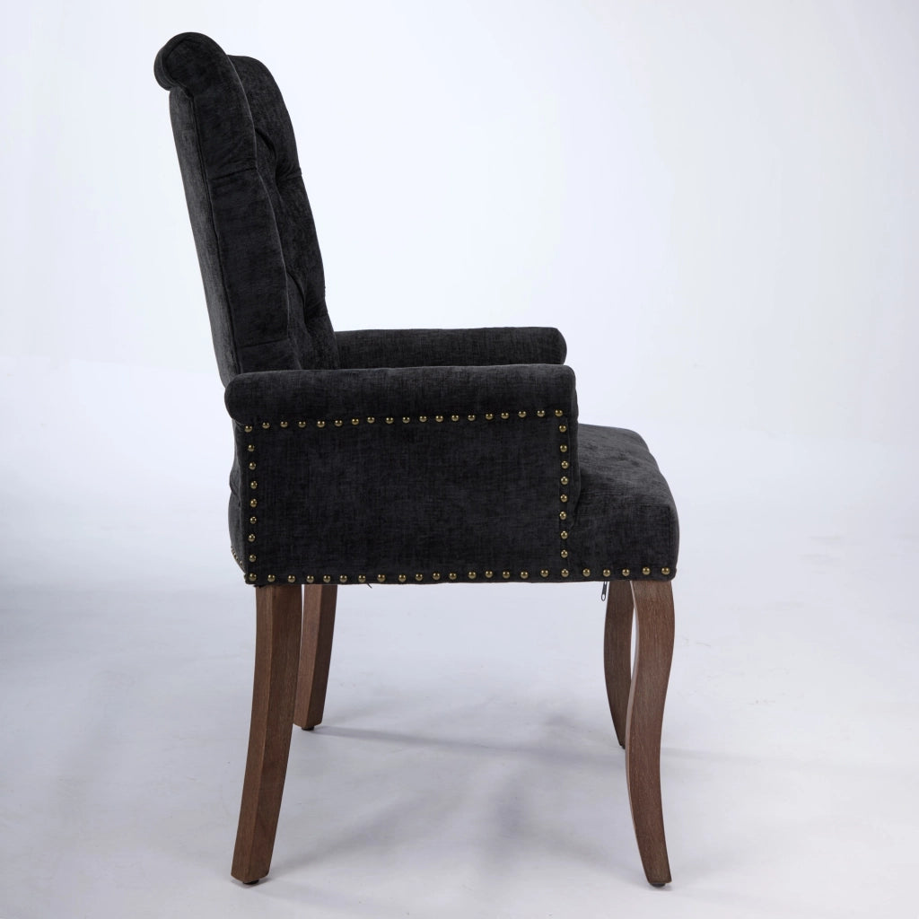 Sedia da pranzo, venduta singolarmente, tessuto chenille, gambe in legno massello, con braccioli, nero