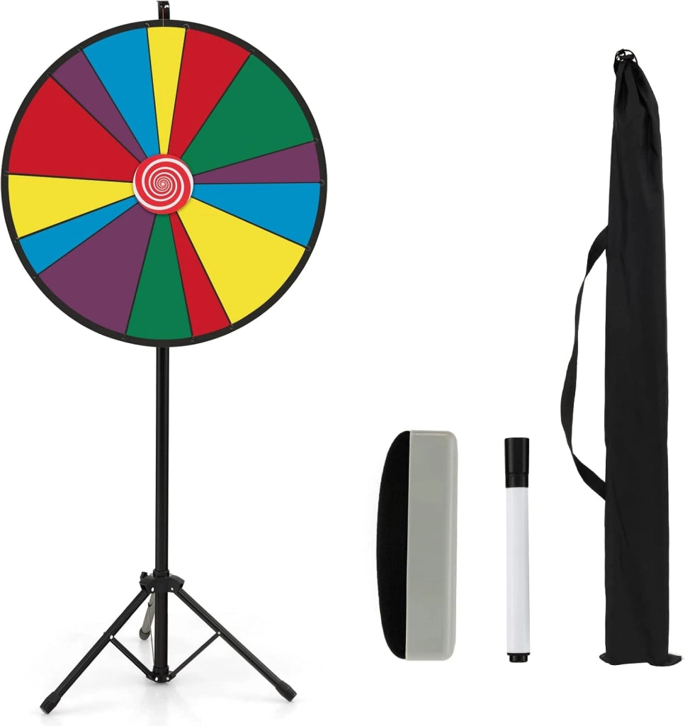 30'' Ruota della Fortuna Girevole, Altezza Regolabile, con Supporto Pennarello Cancellabile a Secco e Gomma, Gioco Ruota Personalizzabile per Fiera Carnevale Feste