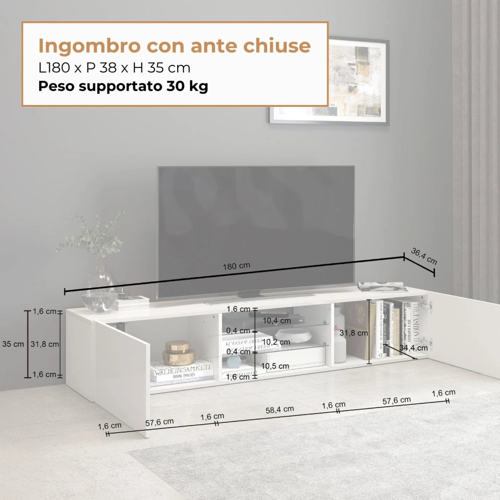 WHOUS Mobile porta tv Egypt a 2 ante e 2 ripiani in vetro bianco lucido 180x38x35 cm