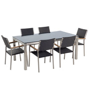 Set da pranzo da giardino Nero con piano in vetro Nero sedie in rattan 6 posti 180 x 90 cm