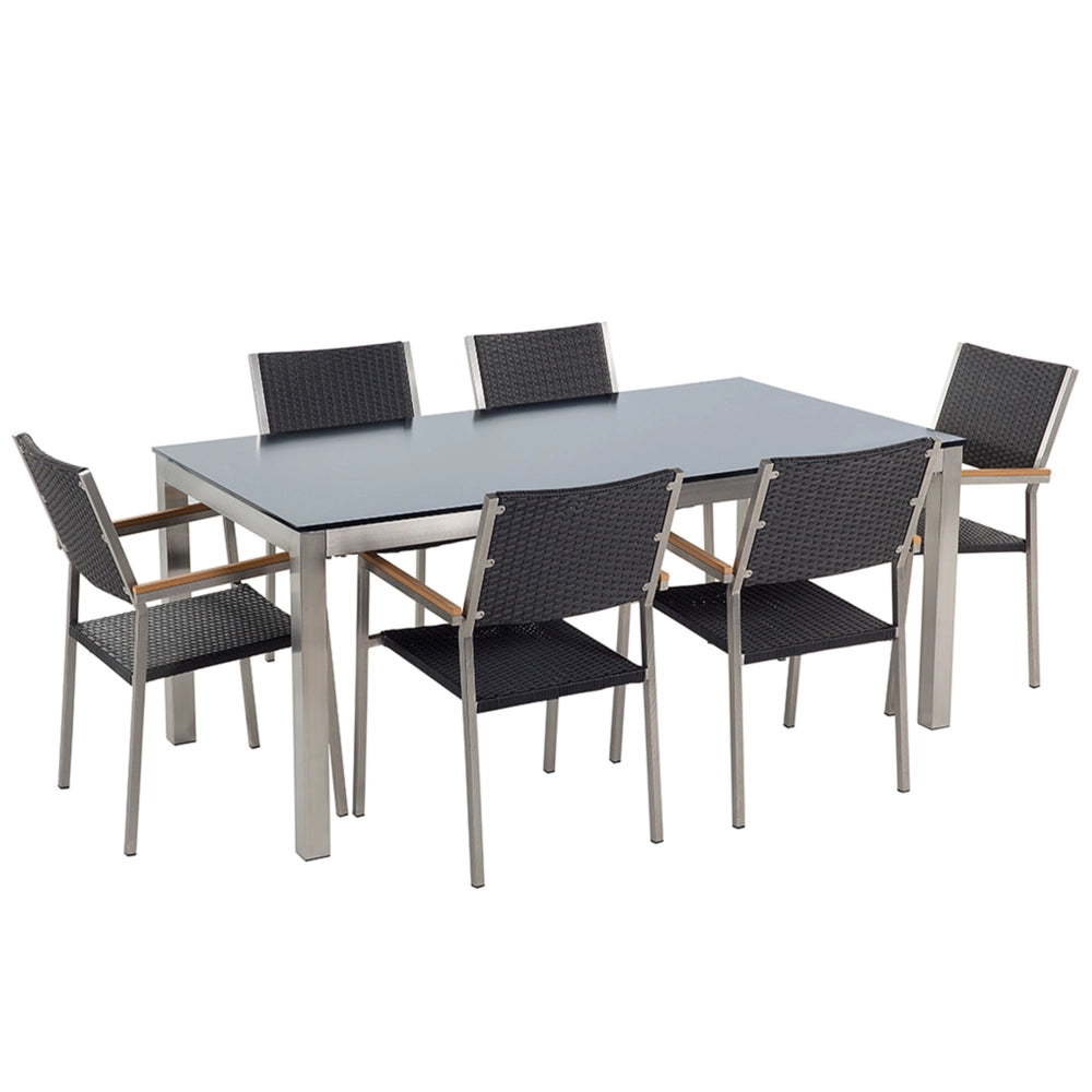Set da pranzo da giardino Nero con piano in vetro Nero sedie in rattan 6 posti 180 x 90 cm
