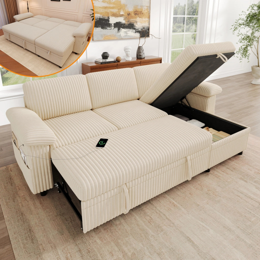 Divano angolare modulare 3 posti con letto estraibile; beige; USB e Type-C