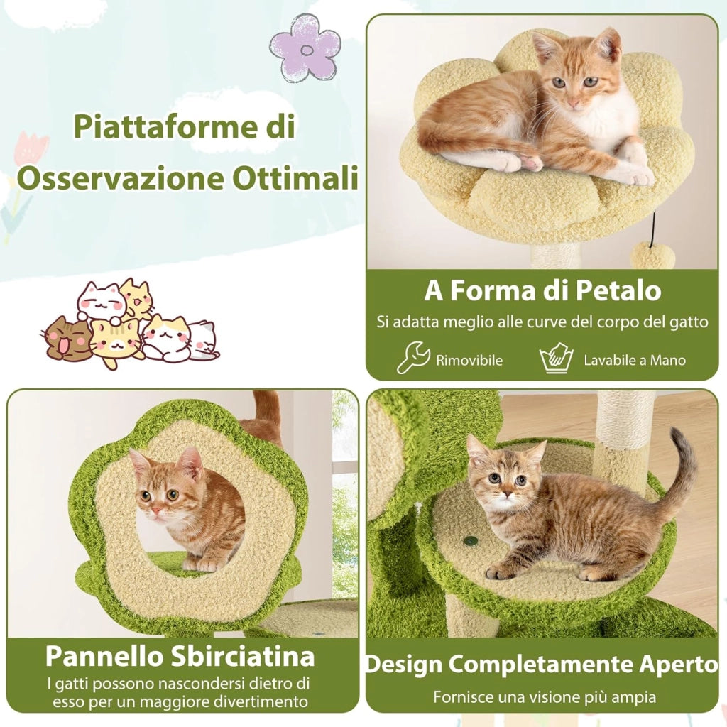Albero per Gatti, Albero Tiragraffi per Gatto con Condominio Tronco, Trespolo a Fiore, Letto Morbido, Pompon, Giocattolo a Molla e Piattaforme, Tiragrafffi per Gatti da Interno