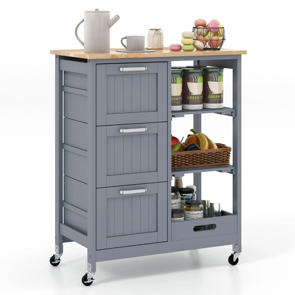 Isola cucina con ruote bloccabili piano in legno di gomma e 2 ripiani rimovibili-Carrello multiuso Grigio