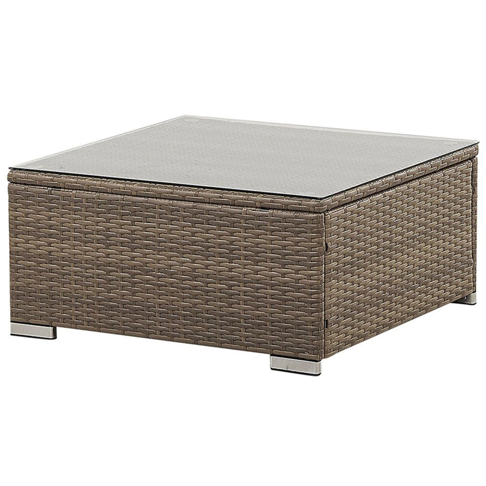 Set salotto da esterno marrone finto rattan bianco cuscini divano angolare modulare per 6 persone tavolino moderno set da giardino
