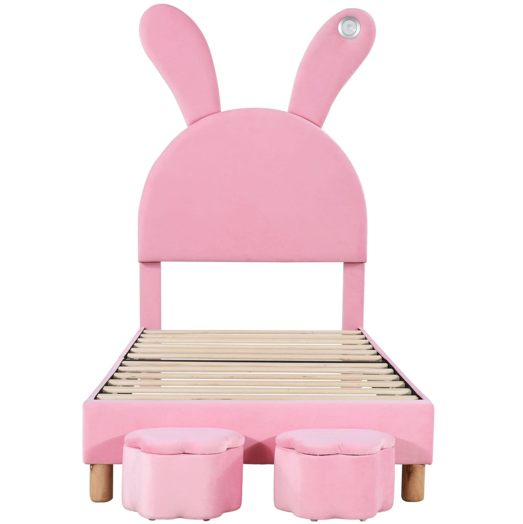 Letto singolo imbottito 90x200 cm in velluto rosa con LED; sponde contenitore e testiera regolabile
