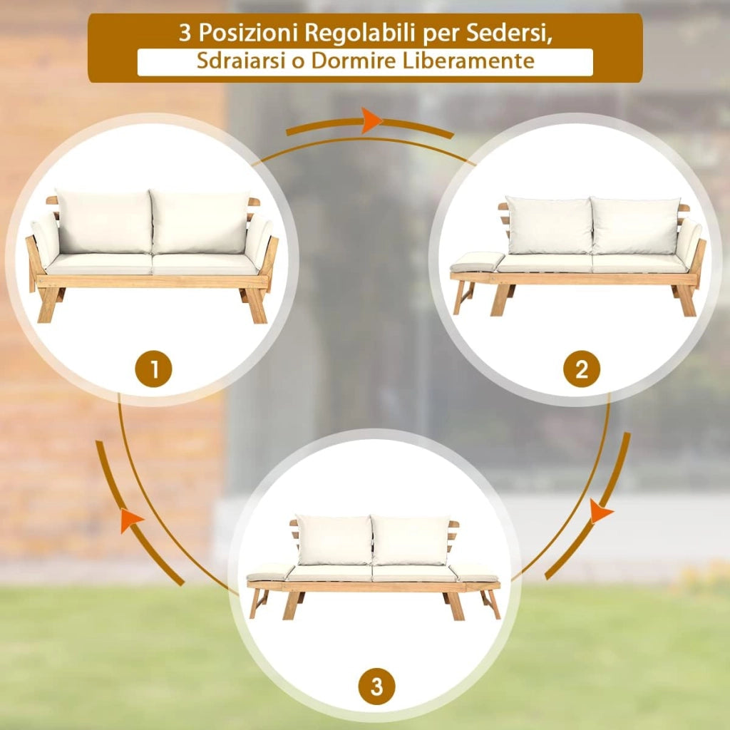 Divano Letto 2 Posti da Esterno in Legno di Acacia con Braccioli Regolabili, Sdraio da Giardino con Cuscini, Chaise longue Pieghevole per Giardino, Piscina, Cortile (Bianco)