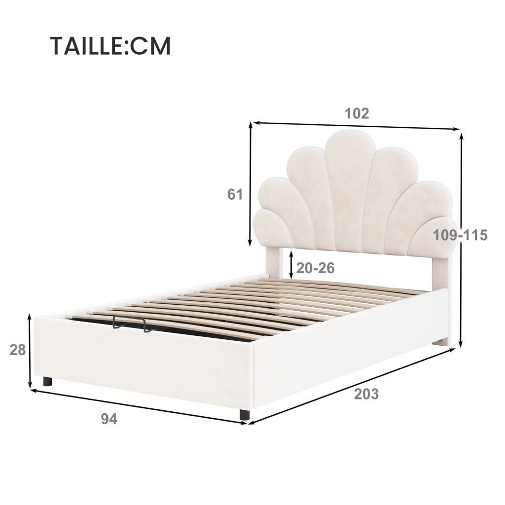 Letto Contenitore 90 x 200 cm; Letto Singolo con Testiera Regolabile e Vano Idraulico; senza Materasso; Beige