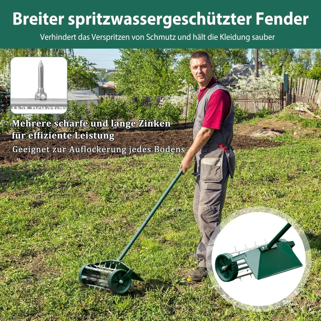 Arieggiatore per Prato a Rullo Manuale, Aeratore con Ruote da Giardino con Chiodi da 3 cm, Scarificatore a Mano in Metallo, Ideale per Prato, Orto e Terreno (46 x 127 cm, con Parafango)