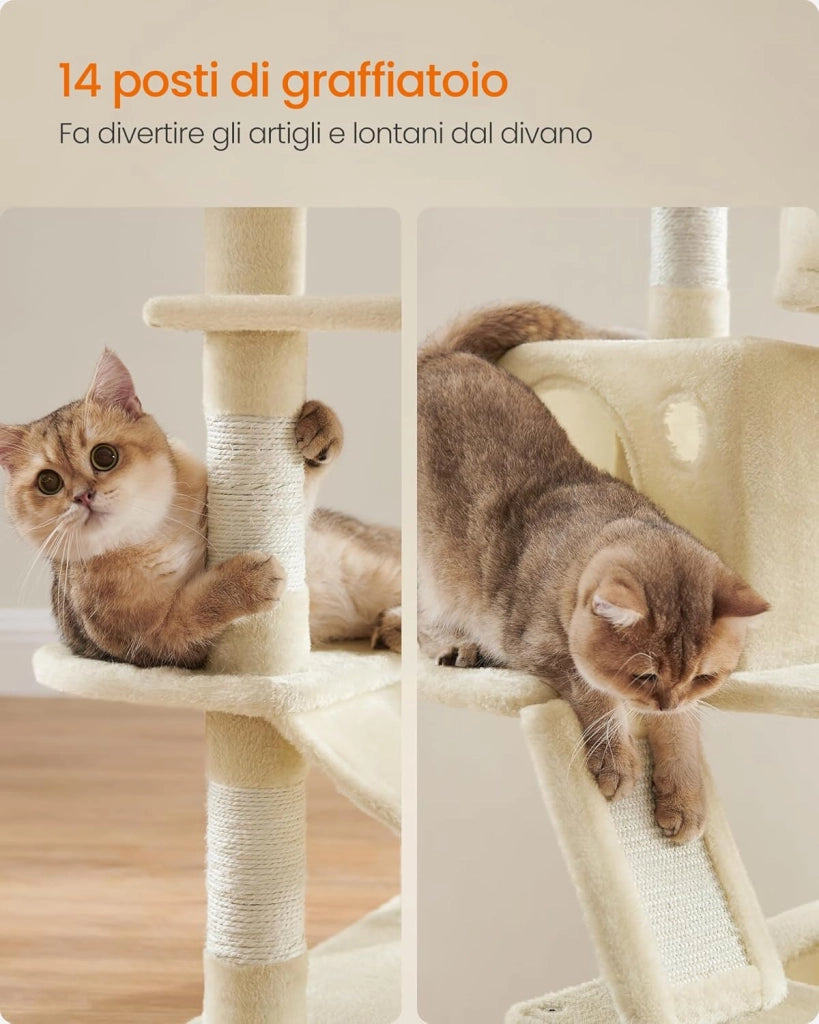 Feandrea Albero per Gatti, Alto 168 cm, Tiragraffi per Gatti con 13 Graffiatoi, 2 Posatoi, 2 Grotte, Cesto, Amaca, Pompon, in Peluche a Più Livelli per Interno, Beige PCT165M01V1
