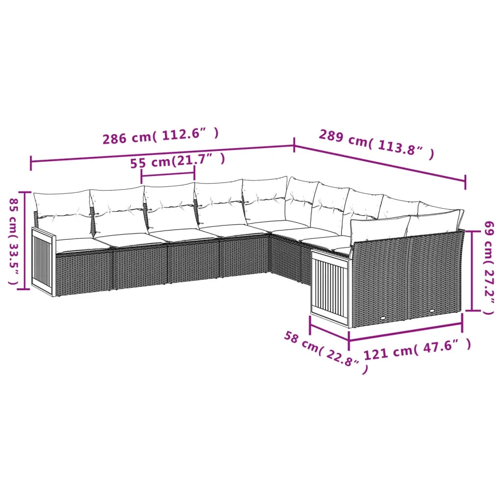 Set Divani da Giardino 10pz con Cuscini in Polyrattan Nero 3260432