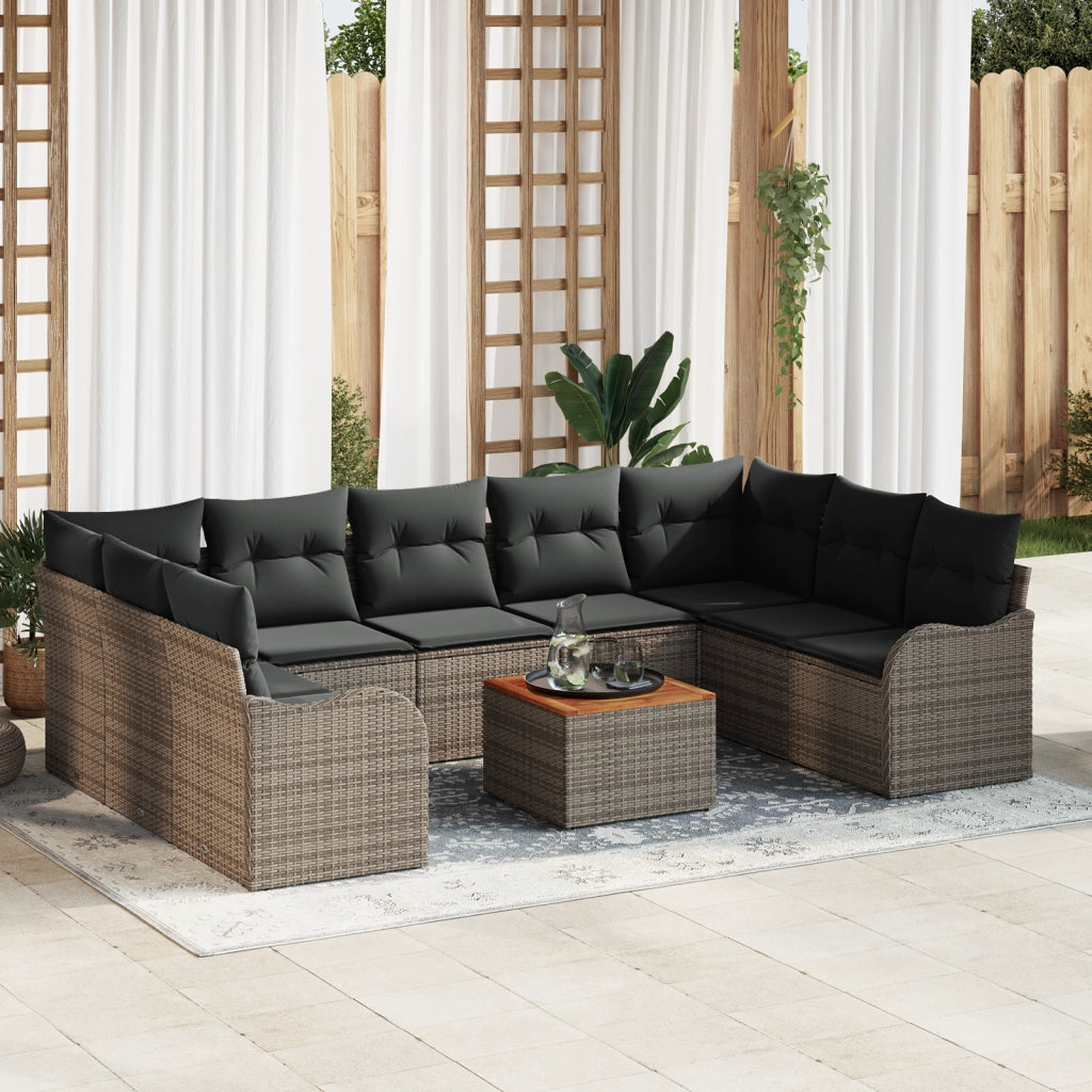 Set di Divani da Giardino a 10 Pezzi con Cuscini Grigio in Polyrattan Acacia
