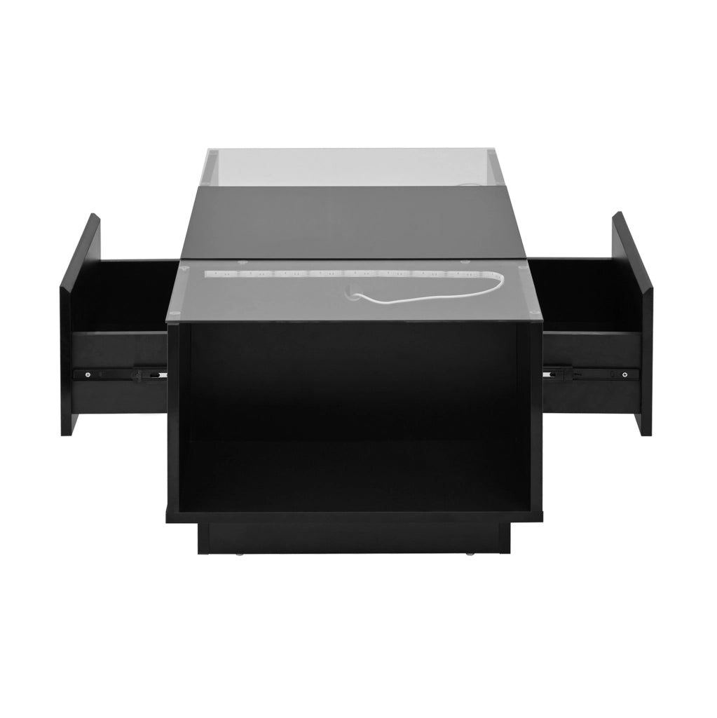 Tavolino da salotto 105x50x35 cm con LED; 2 cassetti; vetro; pannello truciolare nero