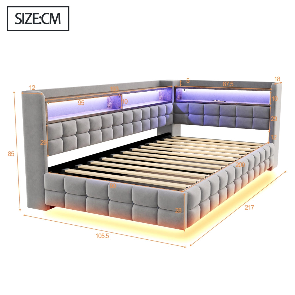 Letto contenitore singolo 90 × 200 cm con LED, prese USB e Type-C, ripiani in legno, senza materasso, grigio chiaro