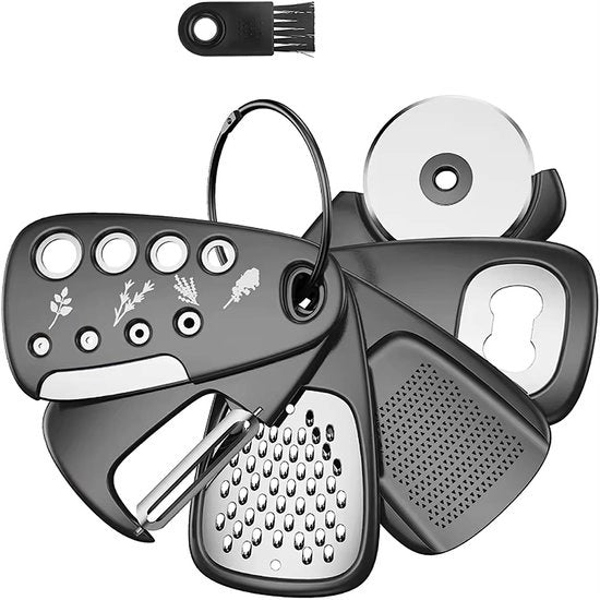 Multiuso per la cucina 6-in-1 - Acciaio Inossidabile - Raspatutto formaggio/Flessopatore - Schiacciaspina verdure/Schiacciaspina limone - Pizzacutter - Progettato per risparmiare spazio - Adatto per uso domestico/camping - Utensili da cucina multifunzione